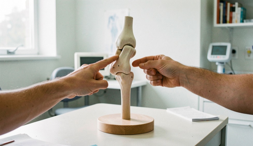 Twee handen wijzen naar het gewricht van een anatomisch model van een knie dat op een tafel in een lichte behandelkamer staat