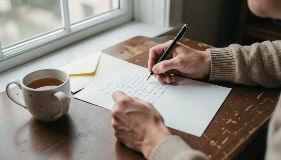 Iemand schrijft aan een tafel bij het raam een brief op briefpapier, met een envelop en een kop thee ernaast, alleen de handen in beeld